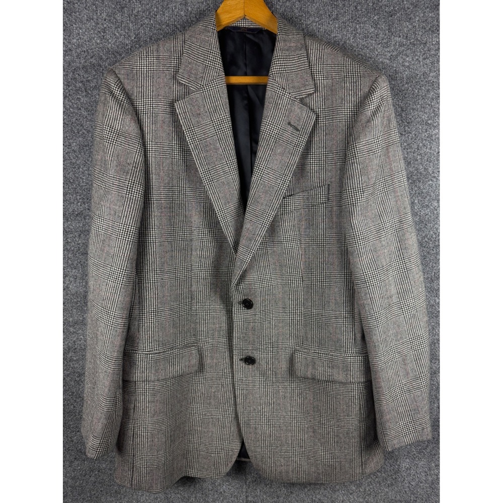 VTG Brooks Brothers 346 Mens 40R 100% Wool Glen Plaid Blazer Sport Coat Gray Red - Picture 2 of 15